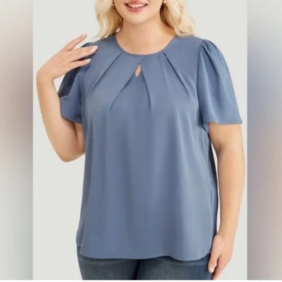 BloomChic Solid Pleated Detail Keyhole Puff Sleeve Blouse Sz 4XL (26) Womens Dus - Picture 1 of 11